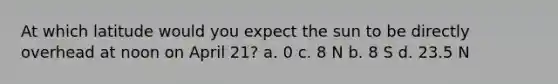At which latitude would you expect the sun to be directly overhead at noon on April 21? a. 0 c. 8 N b. 8 S d. 23.5 N