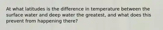 At what latitudes is the difference in temperature between the surface water and deep water the greatest, and what does this prevent from happening there?