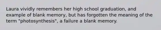 Laura vividly remembers her high school graduation, and example of blank memory, but has forgotten the meaning of the term "photosynthesis", a failure a blank memory.