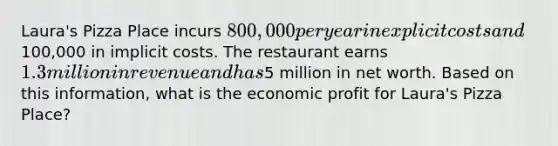 Laura's Pizza Place incurs 800,000 per year in explicit costs and100,000 in implicit costs. The restaurant earns 1.3 million in revenue and has5 million in net worth. Based on this information, what is the economic profit for Laura's Pizza Place?