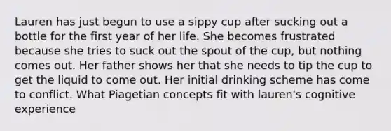 Lauren has just begun to use a sippy cup after sucking out a bottle for the first year of her life. She becomes frustrated because she tries to suck out the spout of the cup, but nothing comes out. Her father shows her that she needs to tip the cup to get the liquid to come out. Her initial drinking scheme has come to conflict. What Piagetian concepts fit with lauren's cognitive experience