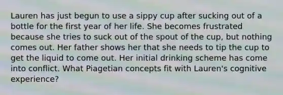 Lauren has just begun to use a sippy cup after sucking out of a bottle for the first year of her life. She becomes frustrated because she tries to suck out of the spout of the cup, but nothing comes out. Her father shows her that she needs to tip the cup to get the liquid to come out. Her initial drinking scheme has come into conflict. What Piagetian concepts fit with Lauren's cognitive experience?