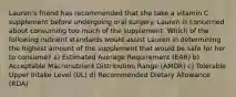 Lauren's friend has recommended that she take a vitamin C supplement before undergoing oral surgery. Lauren is concerned about consuming too much of the supplement. Which of the following nutrient standards would assist Lauren in determining the highest amount of the supplement that would be safe for her to consume? a) Estimated Average Requirement (EAR) b) Acceptable Macronutrient Distribution Range (AMDR) c) Tolerable Upper Intake Level (UL) d) Recommended Dietary Allowance (RDA)