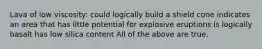 Lava of low viscosity: could logically build a shield cone indicates an area that has little potential for explosive eruptions is logically basalt has low silica content All of the above are true.