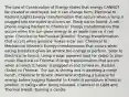 The Law of Conservation of Energy states that energy CANNOT be created or destroyed, but it can change form. Electrical to Radiant (Light):Energy transformation that occurs when a lamp is plugged into the outlet and turns on. Electrical to Sound: A cell phone ringing Radiant to Chemical: Energy transformation that occurs when the sun gives energy to an apple tree so it can grow. Chemical to Mechanical (Kinetic): Energy transformation that occurs when gasoline makes a car run. Chemical to Mechanical (Kinetic): Energy transformation that occurs when eating breakfast gives an athlete the energy to perform. Solar to Electrical to Sound: Using a solar powered ipod (or radio) to play music Electrical to Thermal: Energy transformation that occurs when an electric heater is plugged in and turned on. Radiant (Solar) to Thermal: The sun is shining and is warming a metal bench. Chemical to Kinetic (Mechanical):Eating a banana for energy before jogging Potential to Kinetic:A pendulum is held in position. It swings after being released. Chemical to Light and Thermal (Heat): Burning a candle