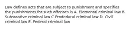 Law defines acts that are subject to punishment and specifies the punishments for such offenses is A. Elemental criminal law B. Substantive criminal law C.Prodedural criminal law D. Civil criminal law E. Federal criminal law