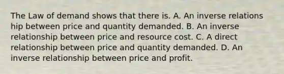 The Law of demand shows that there is. A. An inverse relations hip between price and quantity demanded. B. An inverse relationship between price and resource cost. C. A direct relationship between price and quantity demanded. D. An inverse relationship between price and profit.