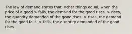 The law of demand states that, other things equal, when the price of a good > falls, the demand for the good rises. > rises, the quantity demanded of the good rises. > rises, the demand for the good falls. > falls, the quantity demanded of the good rises.