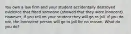 You own a law firm and your student accidentally destroyed evidence that freed someone (showed that they were innocent). However, if you tell on your student they will go to jail. If you do not, the inncocent person will go to jail for no reason. What do you do?