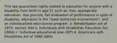 This law guarantees rights related to education for anyone with a disability from birth to age 21 such as: free, appropriate education, due process, fair evaluation of performance in spite of disability, education in the "least restrictive environment", and an individualized educational program. a. Rehabilitation act of 1973, section 504 b. Individuals with Disabilities Education Act (IDEA) c. Individual educational plan (IEP) d. Americans with Disabilities Act of 1990 (ADA)