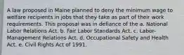 A law proposed in Maine planned to deny the minimum wage to welfare recipients in jobs that they take as part of their work requirements. This proposal was in defiance of the a. National Labor Relations Act. b. Fair Labor Standards Act. c. Labor-Management Relations Act. d. Occupational Safety and Health Act. e. Civil Rights Act of 1991.