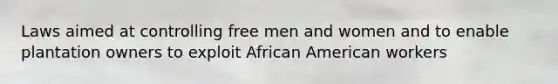 Laws aimed at controlling free men and women and to enable plantation owners to exploit African American workers