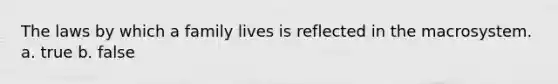 The laws by which a family lives is reflected in the macrosystem. a. true b. false