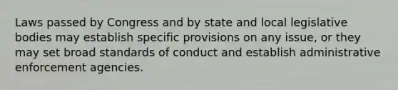 Laws passed by Congress and by state and local legislative bodies may establish specific provisions on any issue, or they may set broad standards of conduct and establish administrative enforcement agencies.