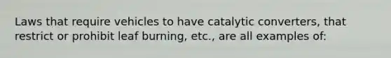 Laws that require vehicles to have catalytic converters, that restrict or prohibit leaf burning, etc., are all examples of: