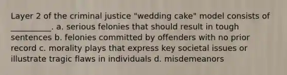 Layer 2 of the criminal justice "wedding cake" model consists of __________. a. serious felonies that should result in tough sentences b. felonies committed by offenders with no prior record c. morality plays that express key societal issues or illustrate tragic flaws in individuals d. misdemeanors