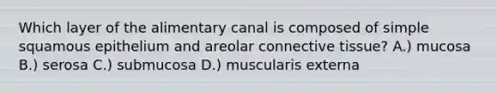 Which layer of the alimentary canal is composed of simple squamous epithelium and areolar <a href='https://www.questionai.com/knowledge/kYDr0DHyc8-connective-tissue' class='anchor-knowledge'>connective tissue</a>? A.) mucosa B.) serosa C.) submucosa D.) muscularis externa