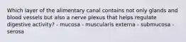 Which layer of the alimentary canal contains not only glands and blood vessels but also a nerve plexus that helps regulate digestive activity? - mucosa - muscularis externa - submucosa - serosa