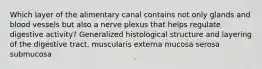 Which layer of the alimentary canal contains not only glands and blood vessels but also a nerve plexus that helps regulate digestive activity? Generalized histological structure and layering of the digestive tract. muscularis externa mucosa serosa submucosa