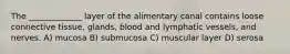 The _____________ layer of the alimentary canal contains loose connective tissue, glands, blood and lymphatic vessels, and nerves. A) mucosa B) submucosa C) muscular layer D) serosa