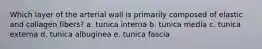 Which layer of the arterial wall is primarily composed of elastic and collagen fibers? a. tunica interna b. tunica media c. tunica externa d. tunica albuginea e. tunica fascia