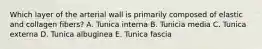 Which layer of the arterial wall is primarily composed of elastic and collagen fibers? A. Tunica interna B. Tunicia media C. Tunica externa D. Tunica albuginea E. Tunica fascia