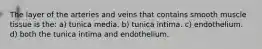 The layer of the arteries and veins that contains smooth muscle tissue is the: a) tunica media. b) tunica intima. c) endothelium. d) both the tunica intima and endothelium.