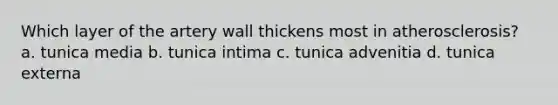 Which layer of the artery wall thickens most in atherosclerosis? a. tunica media b. tunica intima c. tunica advenitia d. tunica externa