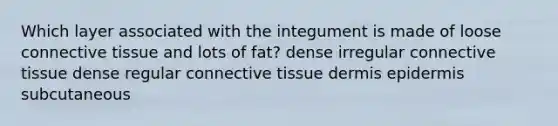 Which layer associated with the integument is made of loose connective tissue and lots of fat? dense irregular connective tissue dense regular connective tissue dermis epidermis subcutaneous