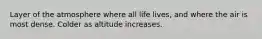 Layer of the atmosphere where all life lives, and where the air is most dense. Colder as altitude increases.