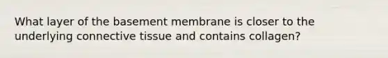 What layer of the basement membrane is closer to the underlying connective tissue and contains collagen?