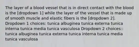 The layer of a blood vessel that is in direct contact with the blood is the [dropdown 1] while the layer of the vessel that is made up of smooth muscle and elastic fibers is the [dropdown 2]. Dropdown 1 choices: tunica albuginea tunica externa tunica interna tunica media tunica vasculosa Dropdown 2 choices:: tunica albuginea tunica externa tunica interna tunica media tunica vasculosa