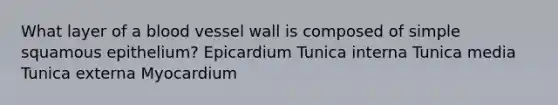 What layer of a blood vessel wall is composed of simple squamous epithelium? Epicardium Tunica interna Tunica media Tunica externa Myocardium