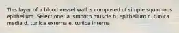 This layer of a blood vessel wall is composed of simple squamous epithelium. Select one: a. smooth muscle b. epithelium c. tunica media d. tunica externa e. tunica interna