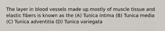 The layer in blood vessels made up mostly of muscle tissue and elastic fibers is known as the (A) Tunica intima (B) Tunica media (C) Tunica adventitia (D) Tunica variegata