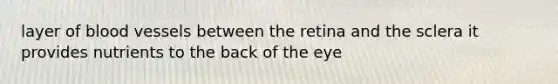 layer of blood vessels between the retina and the sclera it provides nutrients to the back of the eye