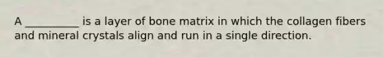 A __________ is a layer of bone matrix in which the collagen fibers and mineral crystals align and run in a single direction.