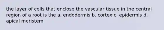 the layer of cells that enclose the <a href='https://www.questionai.com/knowledge/k1HVFq17mo-vascular-tissue' class='anchor-knowledge'>vascular tissue</a> in the central region of a root is the a. endodermis b. cortex c. epidermis d. apical meristem