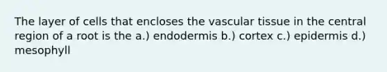 The layer of cells that encloses the <a href='https://www.questionai.com/knowledge/k1HVFq17mo-vascular-tissue' class='anchor-knowledge'>vascular tissue</a> in the central region of a root is the a.) endodermis b.) cortex c.) epidermis d.) mesophyll