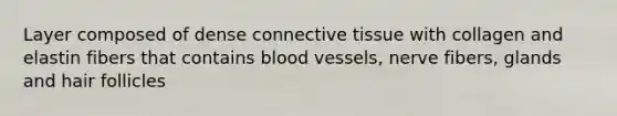 Layer composed of dense connective tissue with collagen and elastin fibers that contains blood vessels, nerve fibers, glands and hair follicles