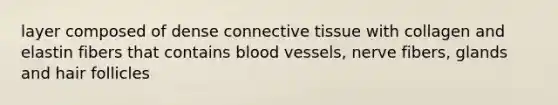 layer composed of dense connective tissue with collagen and elastin fibers that contains blood vessels, nerve fibers, glands and hair follicles