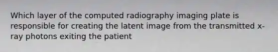 Which layer of the computed radiography imaging plate is responsible for creating the latent image from the transmitted x-ray photons exiting the patient