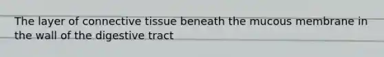 The layer of <a href='https://www.questionai.com/knowledge/kYDr0DHyc8-connective-tissue' class='anchor-knowledge'>connective tissue</a> beneath the mucous membrane in the wall of the digestive tract