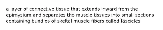 a layer of <a href='https://www.questionai.com/knowledge/kYDr0DHyc8-connective-tissue' class='anchor-knowledge'>connective tissue</a> that extends inward from the epimysium and separates the <a href='https://www.questionai.com/knowledge/kMDq0yZc0j-muscle-tissue' class='anchor-knowledge'>muscle tissue</a>s into small sections containing bundles of skeltal muscle fibers called fascicles