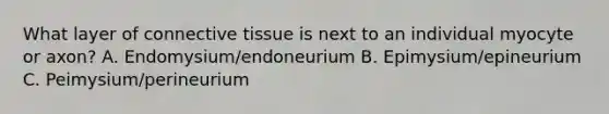 What layer of connective tissue is next to an individual myocyte or axon? A. Endomysium/endoneurium B. Epimysium/epineurium C. Peimysium/perineurium