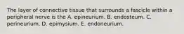 The layer of connective tissue that surrounds a fascicle within a peripheral nerve is the A. epineurium. B. endosteum. C. perineurium. D. epimysium. E. endoneurium.