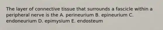 The layer of connective tissue that surrounds a fascicle within a peripheral nerve is the A. perineurium B. epineurium C. endoneurium D. epimysium E. endosteum