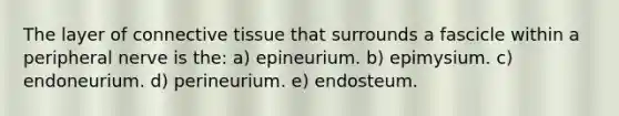 The layer of connective tissue that surrounds a fascicle within a peripheral nerve is the: a) epineurium. b) epimysium. c) endoneurium. d) perineurium. e) endosteum.