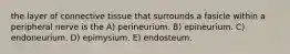 the layer of connective tissue that surrounds a fasicle within a peripheral nerve is the A) perineurium. B) epineurium. C) endoneurium. D) epimysium. E) endosteum.