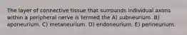 The layer of connective tissue that surrounds individual axons within a peripheral nerve is termed the A) subneurium. B) aponeurium. C) metaneurium. D) endoneurium. E) perineurium.